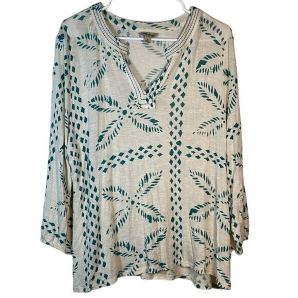 Lucky Brand Long Sleeve Teal Cream V-Neck Blouse Size XL EUC #0520-OC